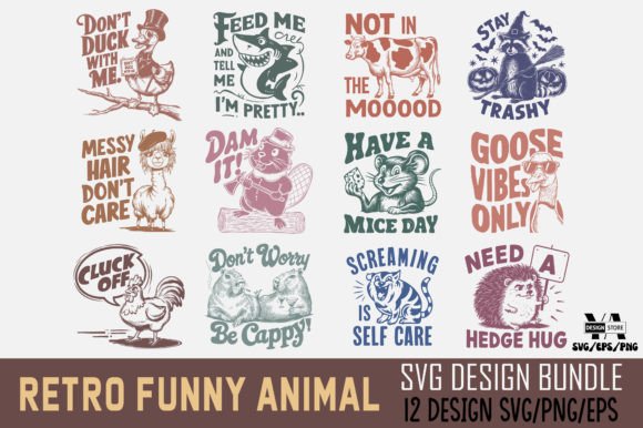 Retro Funny Sarcastic Animal SVG Bundle Graphics and Crafts
